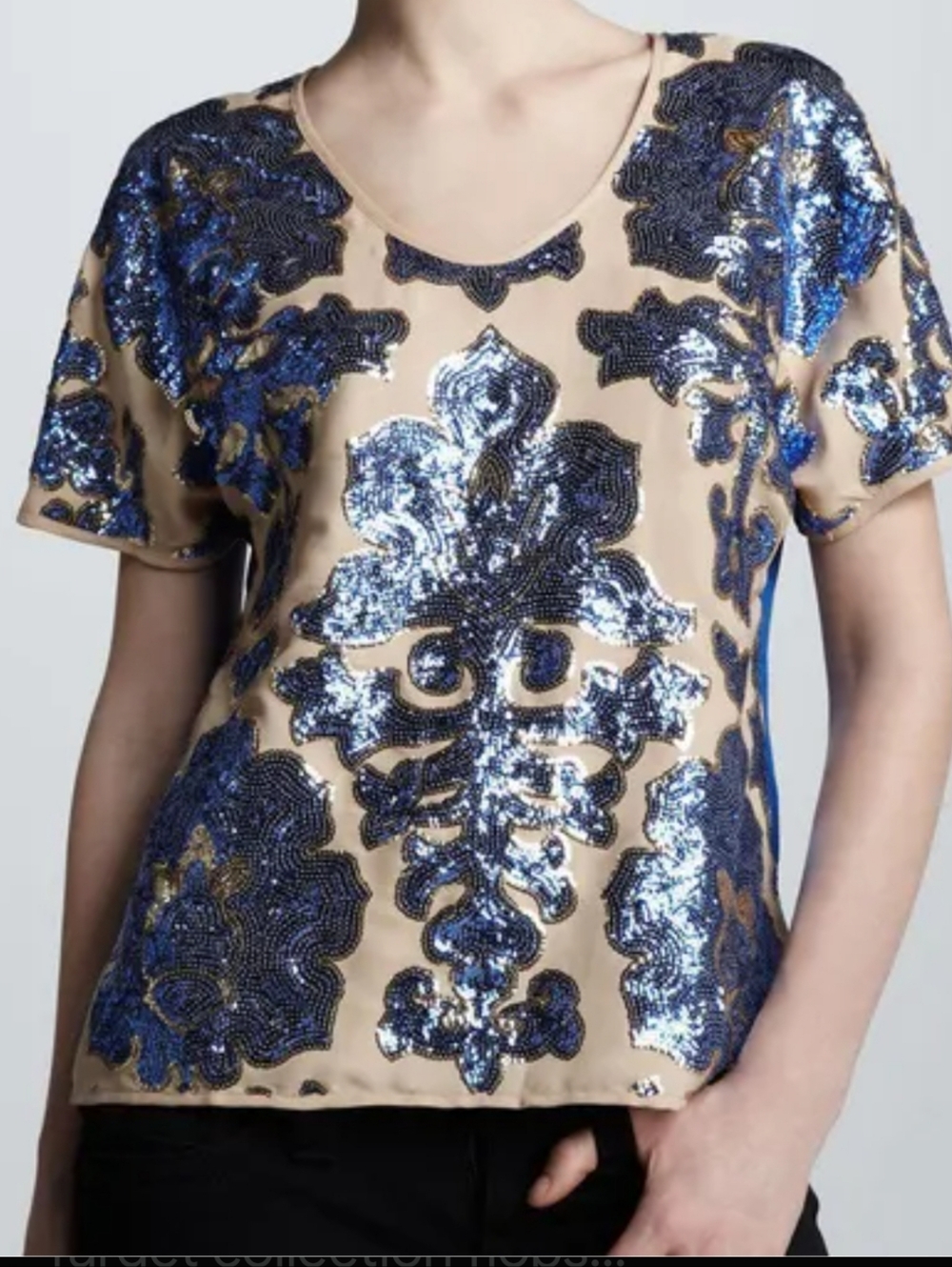 Tracy Reese Embellished Blue Sequin Short-Sleeve Top in Beige & Blue